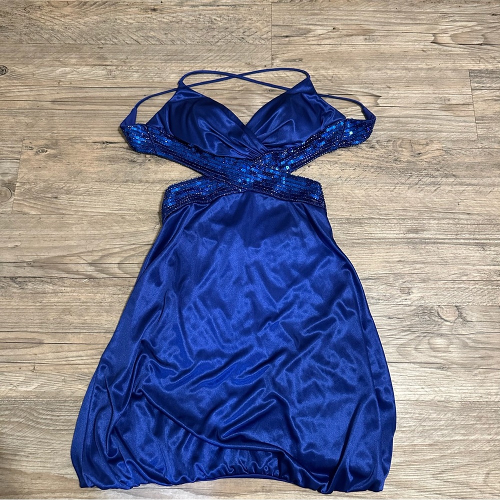 Masquerade Blue Satin Cross Back Formal Dress w/ Sequins Size 3/4